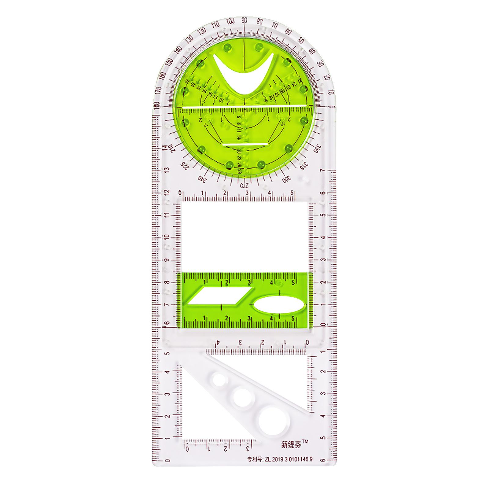 

Шаблон чертежа многофункциональной геометрической линейки. Измерительные линейки. зелёный