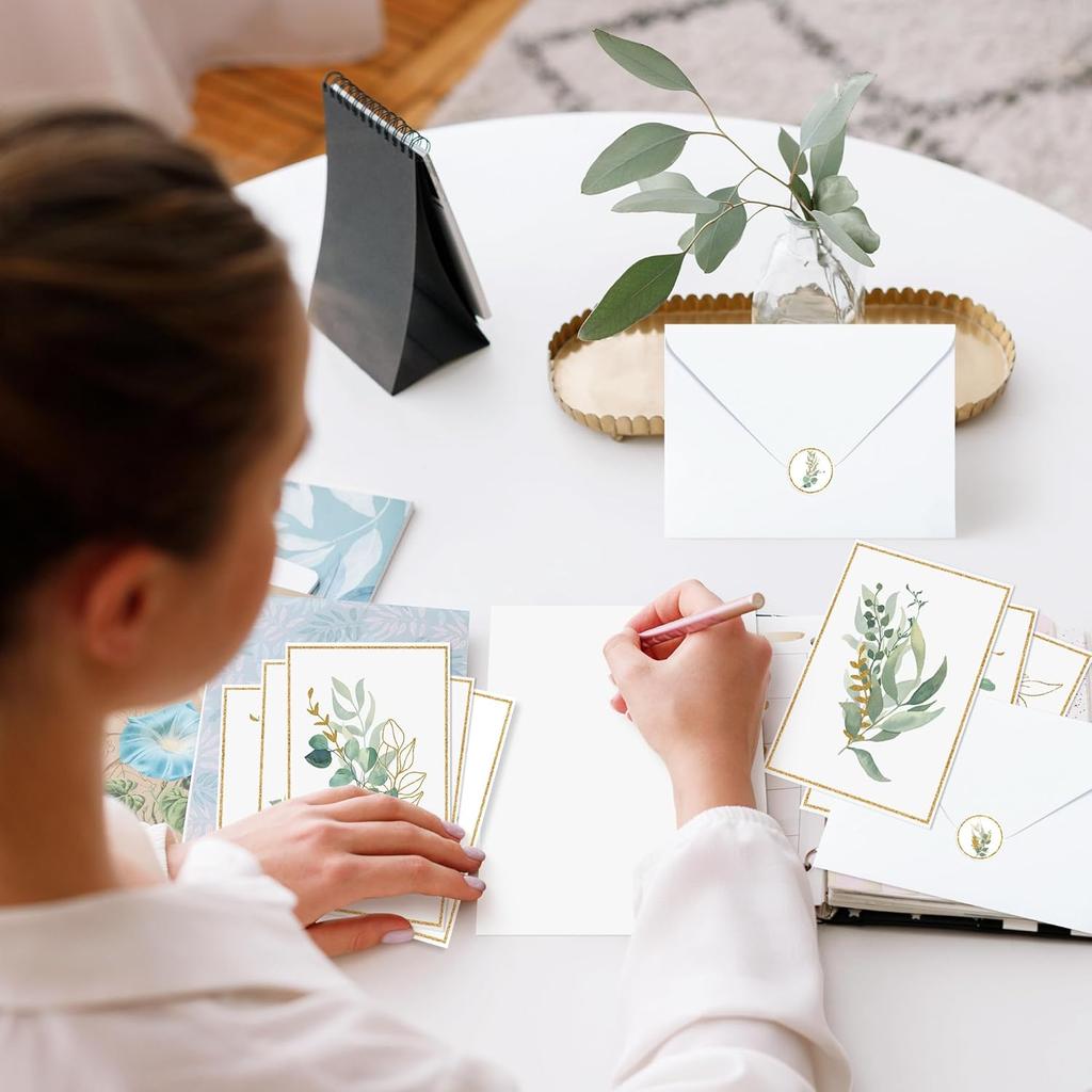 BeYumi 85Pcs Gold Greenery Greeting Cards with Envelopes Stickers Watercolor Botanical Note Cards Green Plant Thank You Blank Card for Birthday