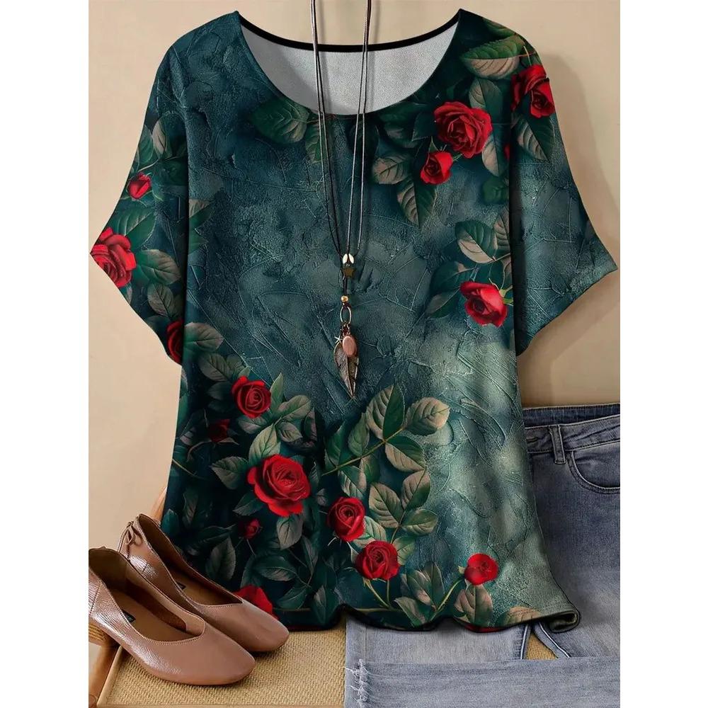 Damen Kurzarm T-Shirt Modisches Buntes Blumenmuster Bequem Locker Oversize Rundhals T-Shirt