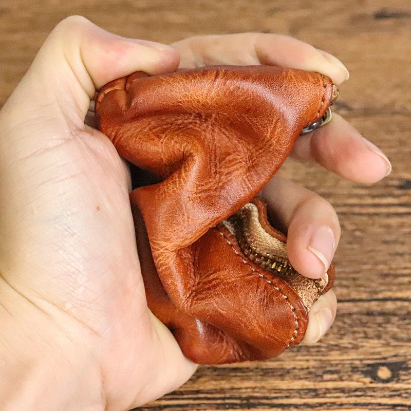 Cowhide Coin Purse for Women, Lipstick, Toe Cover Layer, Cowhide, Vegetable Tanned Leather, Hand Wiped Color, Distressed and Wrinkled Coin Purse