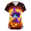 Women's V-neck Halloween Printed Short-sleeved Pocket Side-slit Protective Suit Top