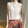 Women Summer New Ruffle Neck Sleeveless Blouse Elegant Solid White Satin Tank Tops