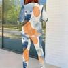 Women Plus Size White Printed Round Neck Long Sleeve Top And Fitted Pants Two Piece Set