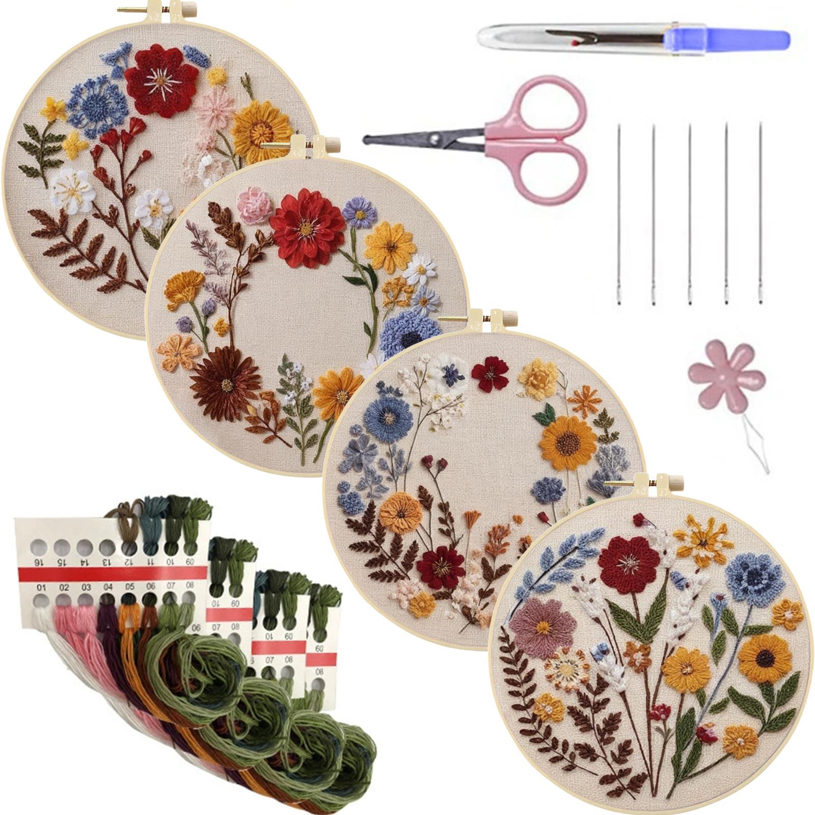 4 Pack Flowers DIY Embroidery Kit with Embroidery Hoop Embroidery Starter Kit 30x30cm for Adult Beginners Gift for Women
