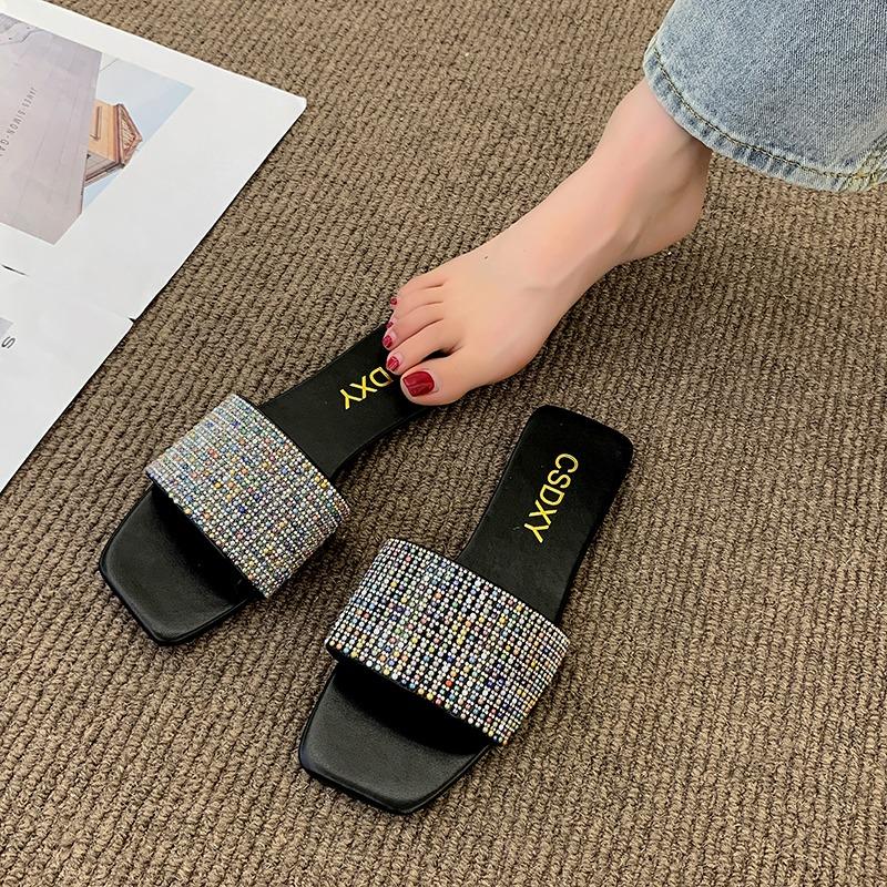 Glitter Slides Flat Shoes Female Woman's Slippers Low Square Toe Big Size Jelly Summer Fabric Rome Rubber Crystal Sequined
