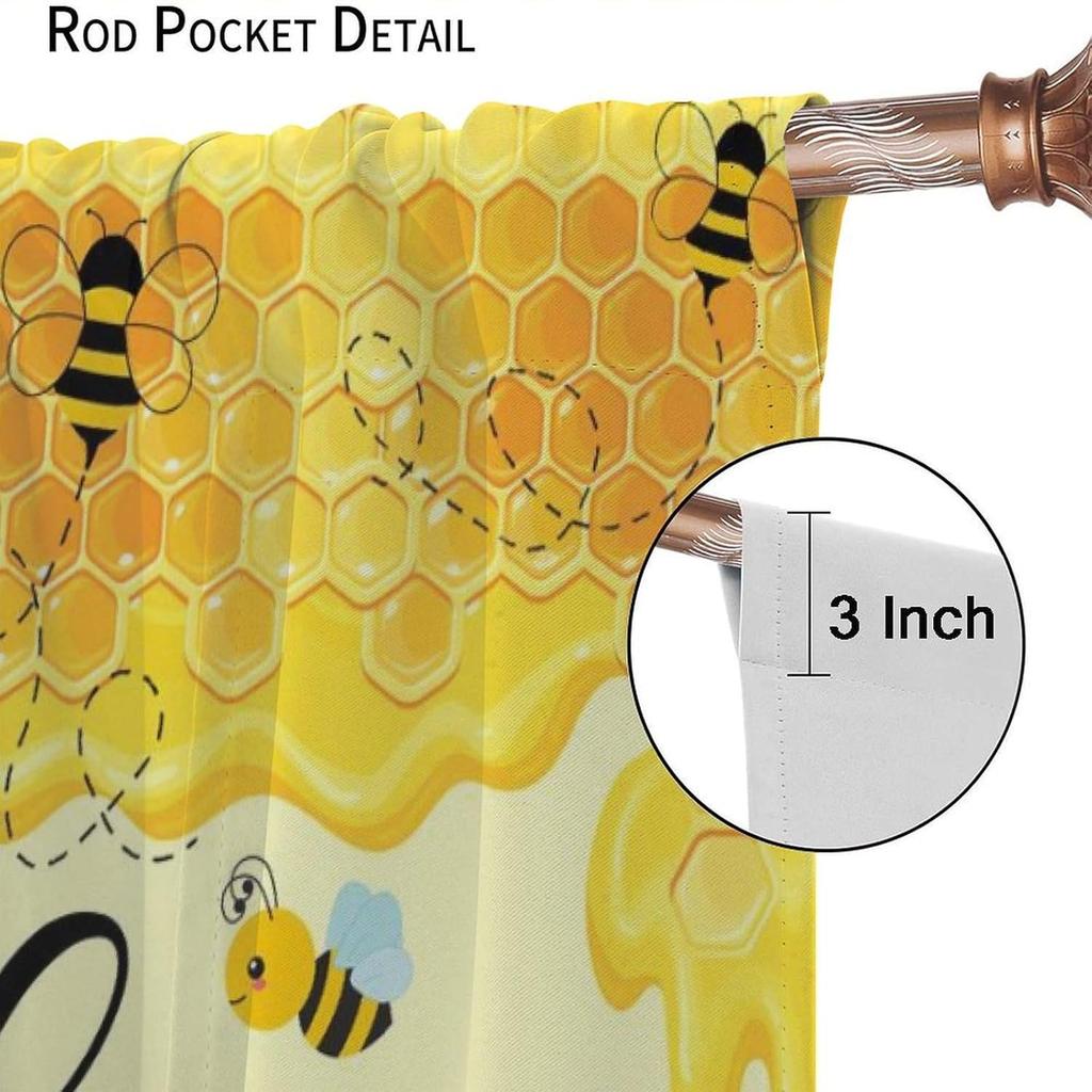 Bee Curtains Boy Girl Bedroom Spring Yellow Honeybee Inspirational Art Printed Window Drapes Living Room Curtain Light Blocking Polyester Ideal For