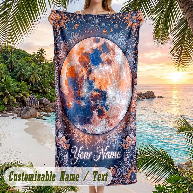 Moonlit Cat Dreams Theme Quick Dry Beach Towel Custom Name Text Print Large Sand Resistant Towel Beach Vacation
