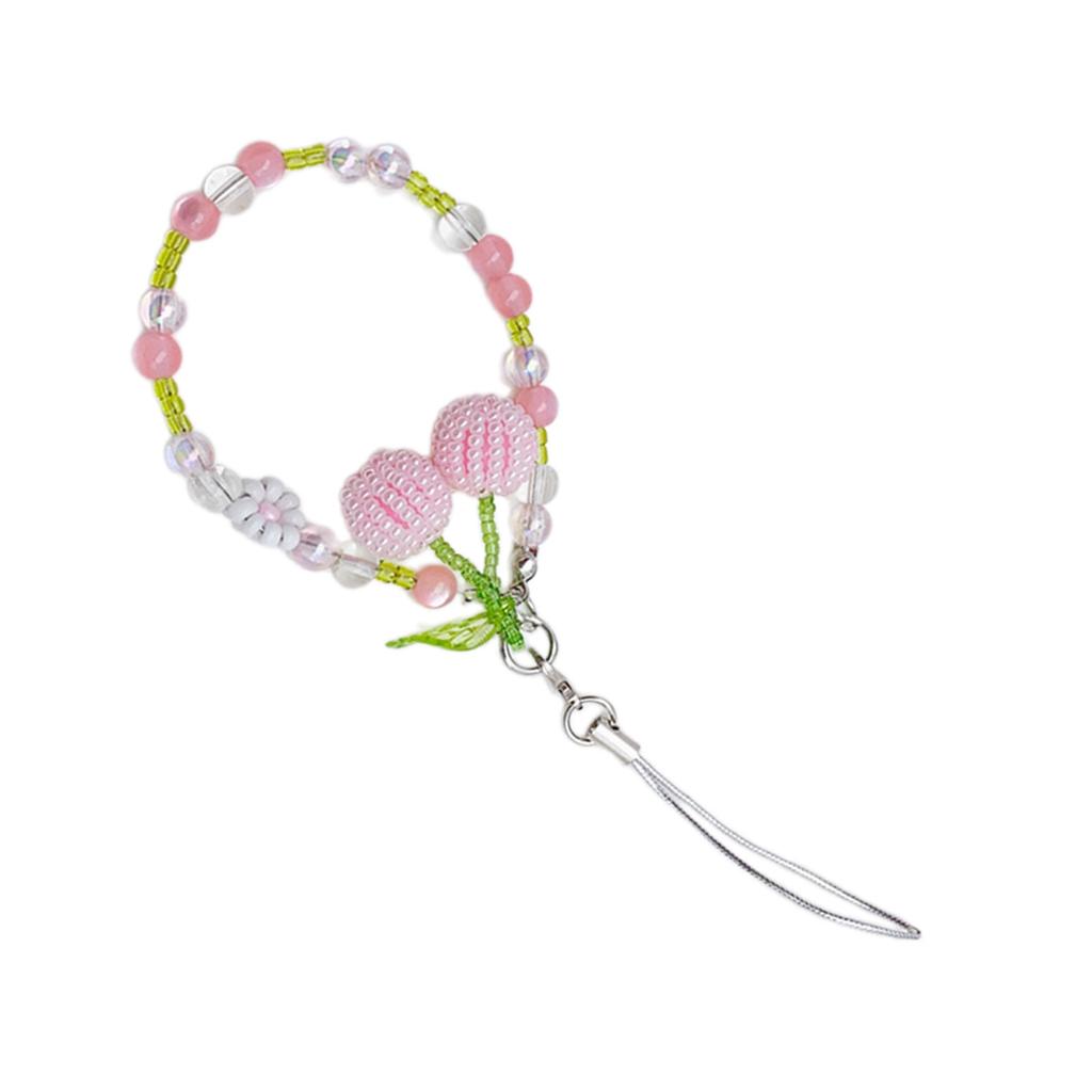 Cute Beaded Cherry Charm Pendant Chain Phone Strap Pocket Keychain Strap Hangings Decoration for Key Bag Purse