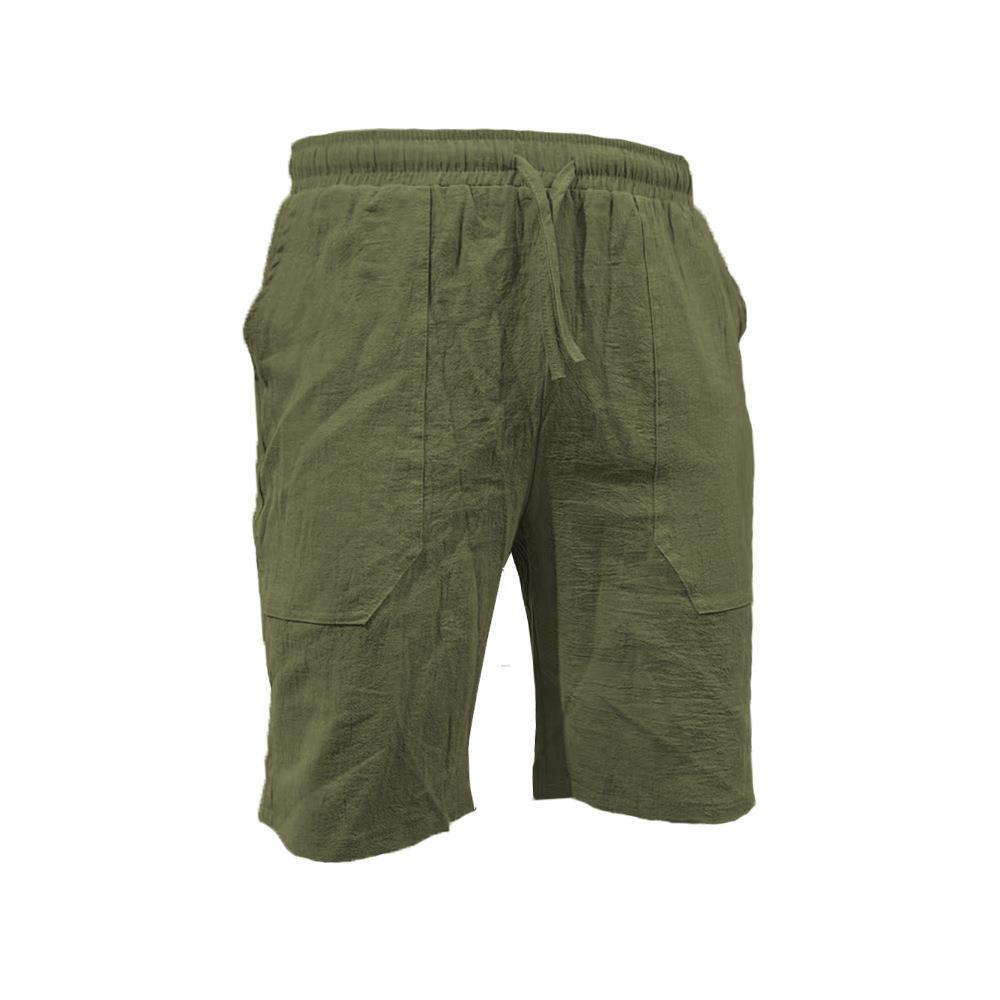 Men's Summer Cotton-Linen Shorts Drawstring Elastic Waistband Straight Leg Solid Color Breathable Casual Beach Shorts Mid-Length