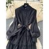 Accessible Luxury French Style Fancy Stand Collar Dress Female Lantern Sleeve Embroider Lace-up Waist-Controlled Design Graceful Long Expansion Skirt