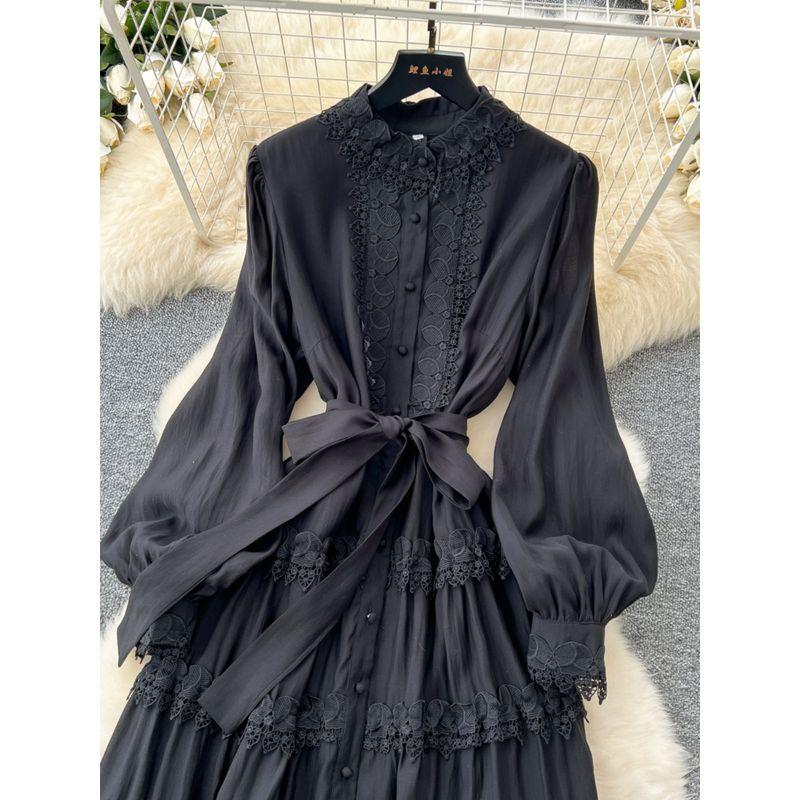 Accessible Luxury French Style Fancy Stand Collar Dress Female Lantern Sleeve Embroider Lace-up Waist-Controlled Design Graceful Long Expansion Skirt