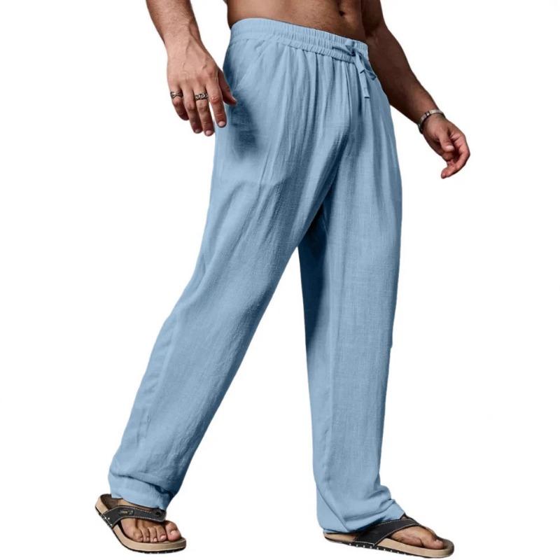 Men Elastic Drawstring Waist Linen Pants Loose Wide Leg Breathable Summer Beach Casual Long Trousers