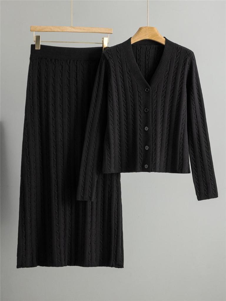 Spring/Fall Women's Knitted Cardigan & Midi Skirt Set