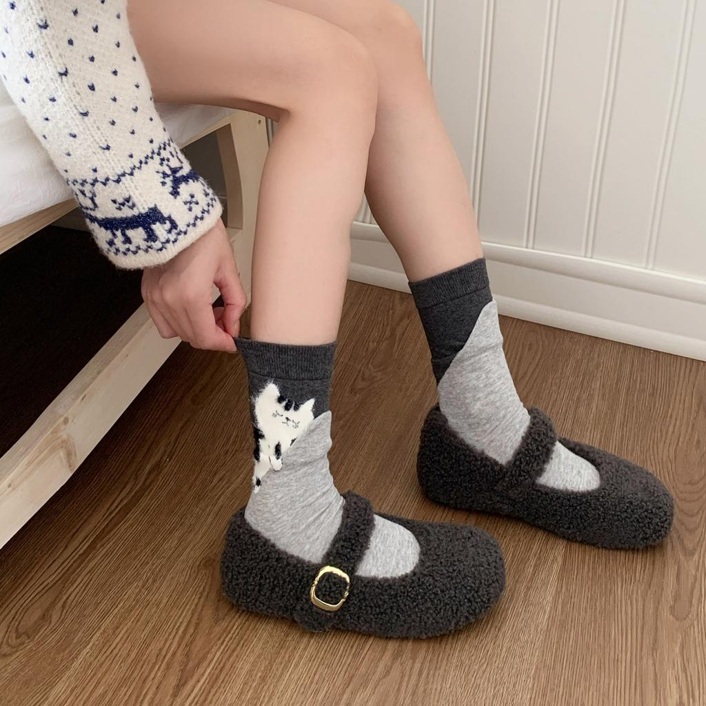4 Pairs Cartoon Cute Cat Cotton Socks Women Girls Middle Tube Sleep Floor Socks