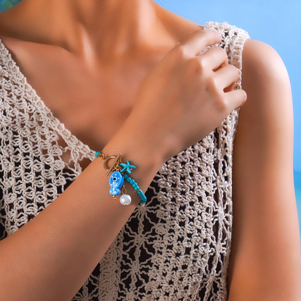 Böhmische vom Meer inspirierte Keramik-Fisch- & Seestern-Anhänger-Halskette Dopamin Regenbogenfarben Perlen Halsketten Strand-Schmuck