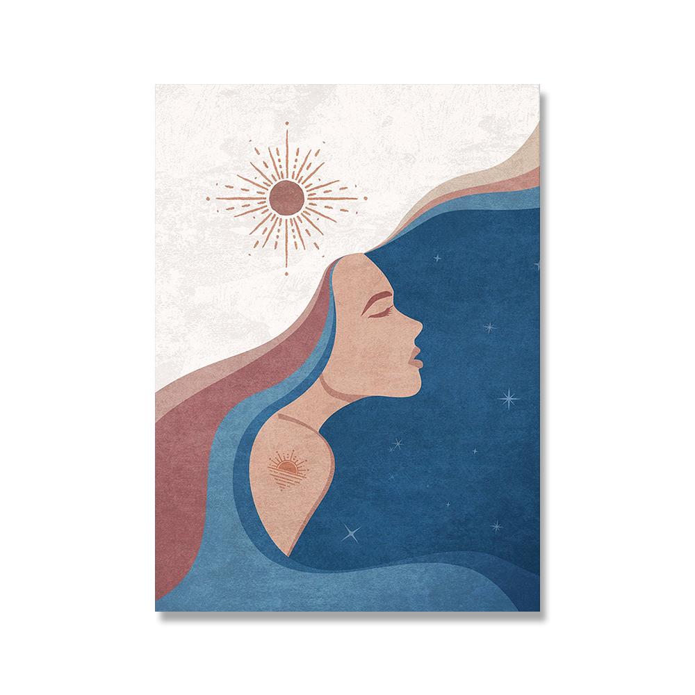Blue Soulmate Couple Canvas Painting Boho Beautiful Women Wall Art Pictures Sun Moon Poster Abstract Minimalist Print Home Decor