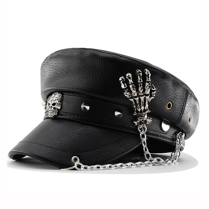 Berretto in PU Moda Stile Punk Vintage con Parte Superiore Piatta Cappelli Militari Casual da Esterno Cappellino dell'Esercito
