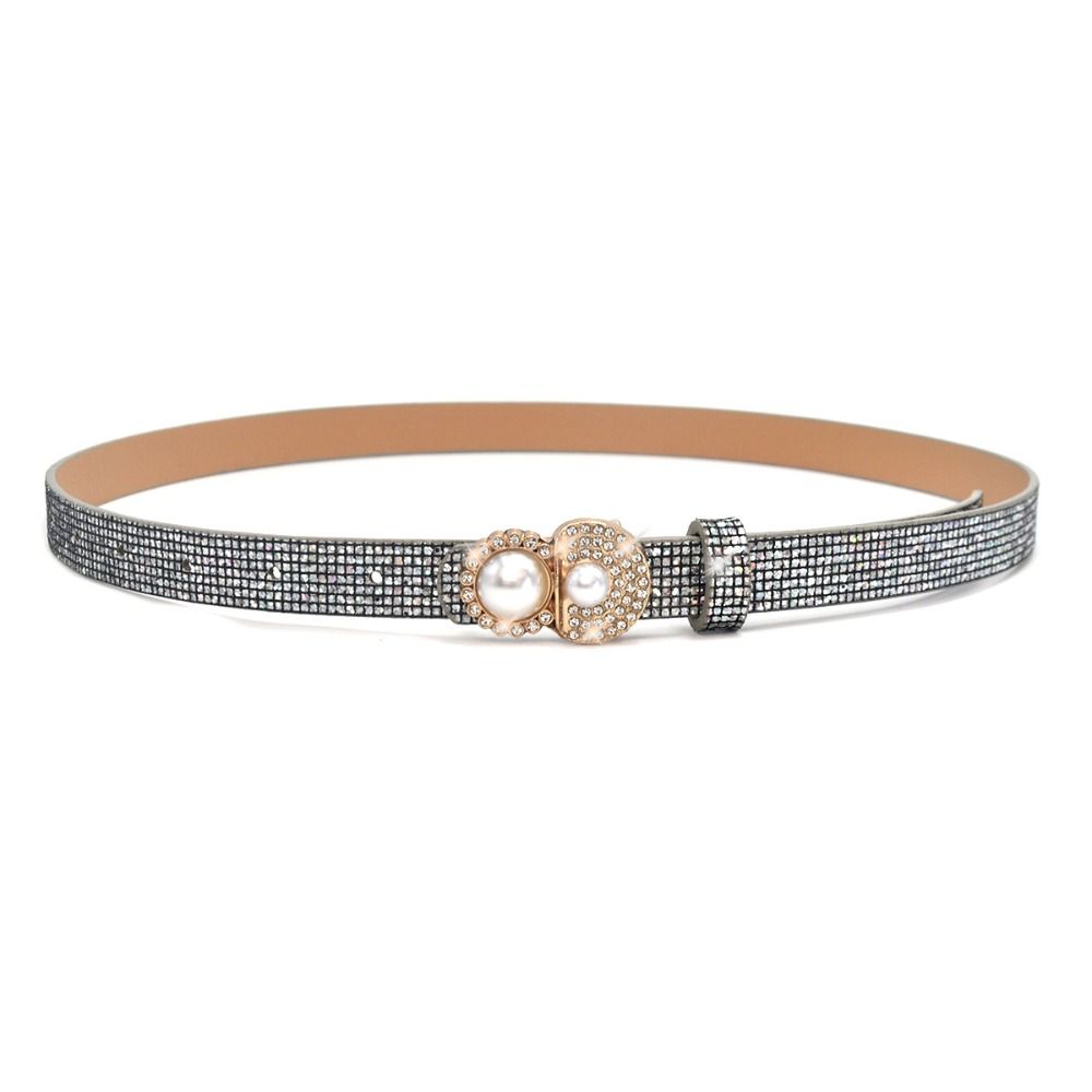 Bling Bling PU Leather Belt Glitter Pearl Buckle Belt Women Fashion Waist Strap