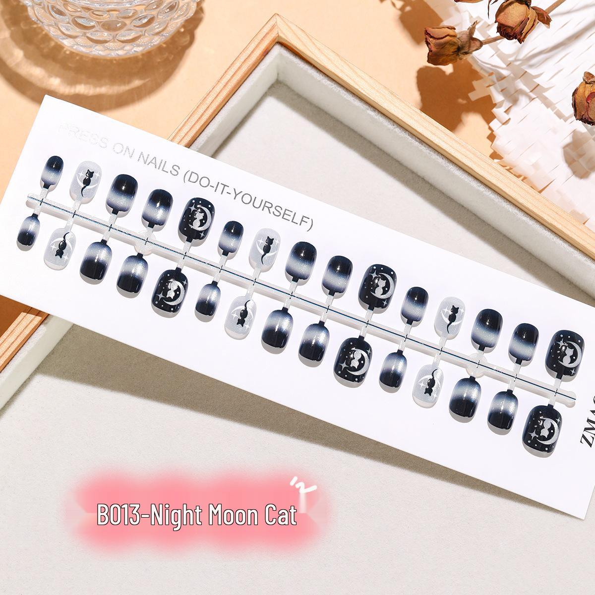 30-Piece Black Moon Cat Hand-Painted Cute Bean Nail Stickers - High-End Cat Eye Design
