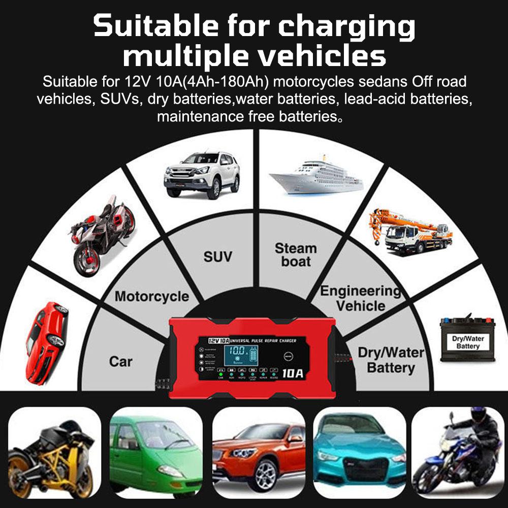 Car Battery Charger Multiple Protection 14.6V 10A Iron Lithium Charger Pulse Repair 12V 10A Smart Battery Charging EU/US Plug Digital LCD Display