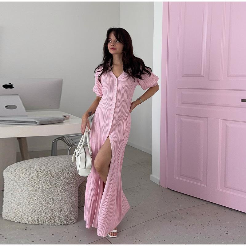 

Женские вязаные длинные платья с рукавами-пузырями на одной пуговице, свежие однотонные, облегающего кроя, летние новинки женских вязаных платьев в элегантном стиле Ｍ розовый