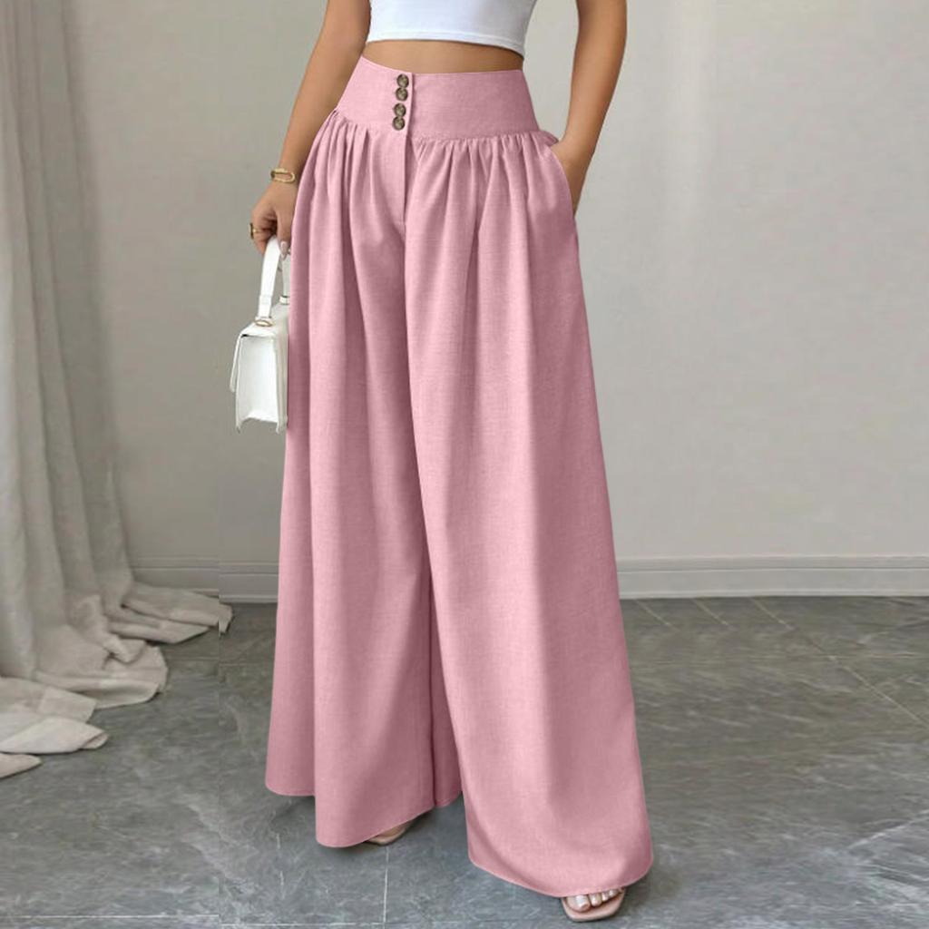 Women's Casual Button Pleated Loose Wide Leg Casual Pants