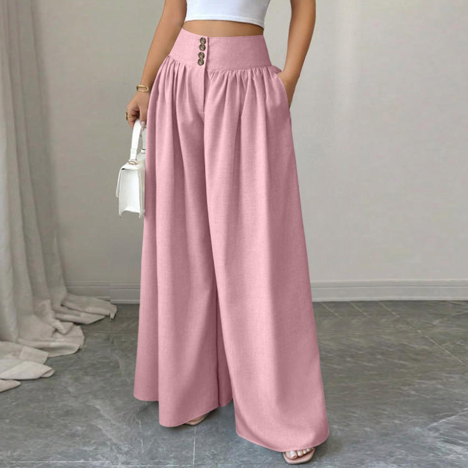 Women s Casual  Button Pleated Loose Wide Leg Casual Pants M розовый