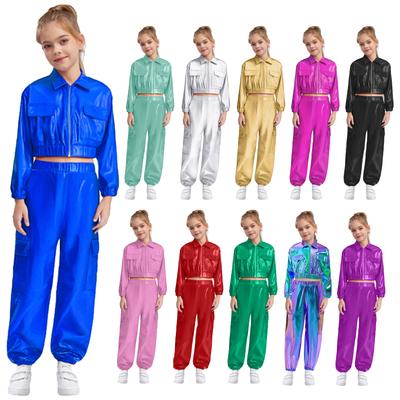 Unisex Kids Metallic Jacket Turn Down Collar Long Sleeve Outwear with Shiny Pants Dance Set
