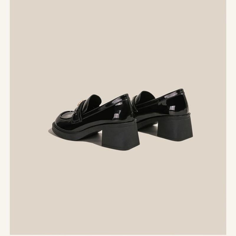2025 new spring and autumn British small leather shoes women's jk high heels black loafers thick heel single shoes large size 41 to 43