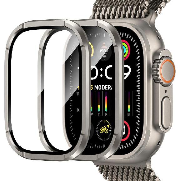 Amizee 2 Pack Metal Case Compatible with Apple Watch Ultra/Ultra 2 Screen Protector Case 49mm with Tempered Glass, Metal Frame Built In HD Glass