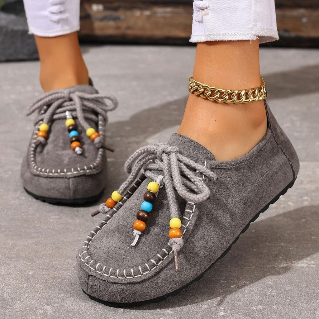 Fashion Wholesale Women's Flat Shoes Round Toe Lace-up String Bead Shoes Women Leisure Retro Style One Kick Spring Autumn Single Shoes