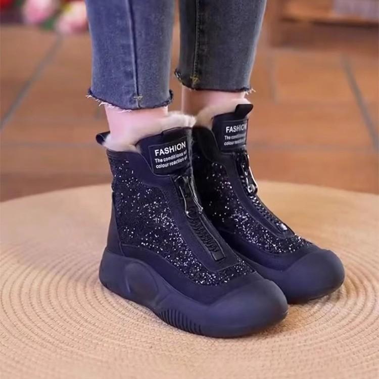 

2025 new velvet thickened heightening snow boots women s waterproof thick-soled front zipper short boots warm mother cotton shoes 40 чёрный