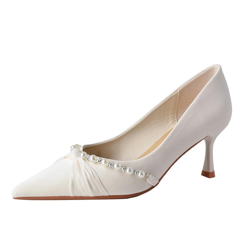 Knotted Pearl Xiuhe Bridal Shoes: Women's Silk Sheepskin High Heel Stilettos with Pointed Toe