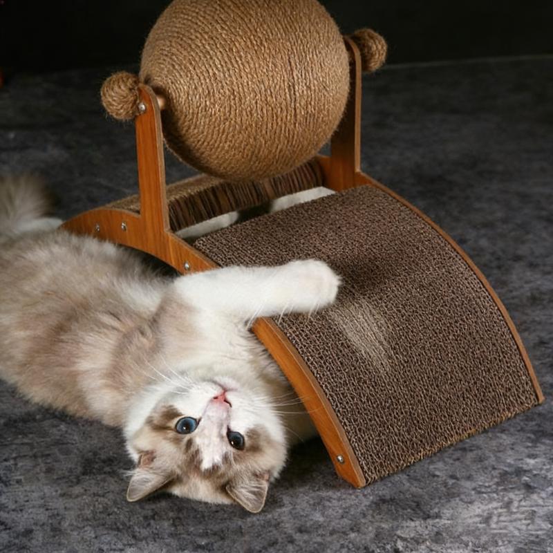 2-in-1 Solid Wood Cat Toy with Grinding Paw Design Wear-Resistant Sisal Scratch Board 2-in-1 Wooden Cat Scratching Ball for Cats