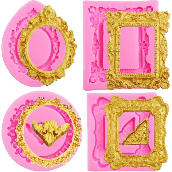 Frame Chocolate Mold, 4 Pcs Silicone Fondant Molds Vintage Baroque Photo Frame Molds for Chocolate Cake Decorating Cupcake Topper Candy Polymer Clay Frame Mold