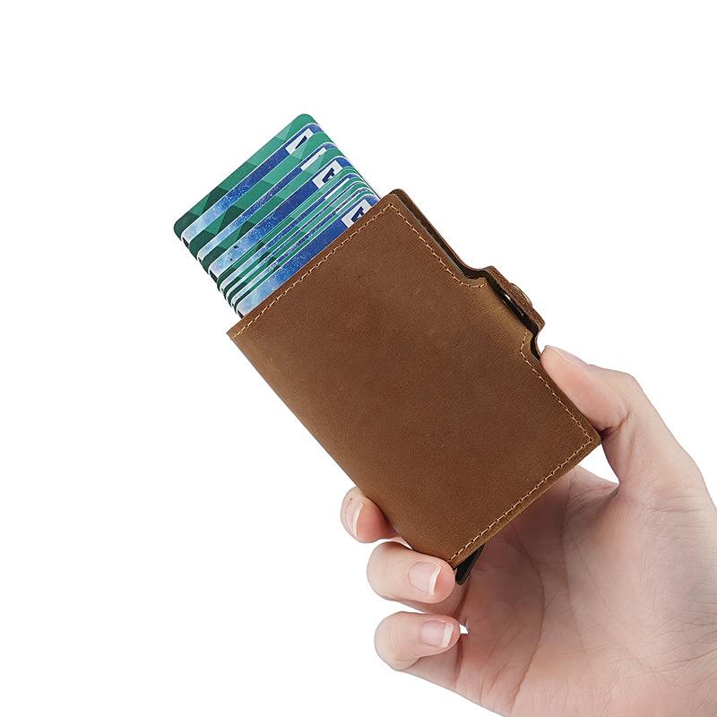 Vintage 2025 Men's Double-Layer Crazy Horse Leather Card Holder with Push-Button Pop-Up and Aluminum Clip