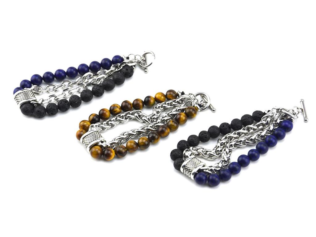 Natural Map Stone & Stainless Steel Men's Beaded Bracelet - Unique Fashion Jewelry