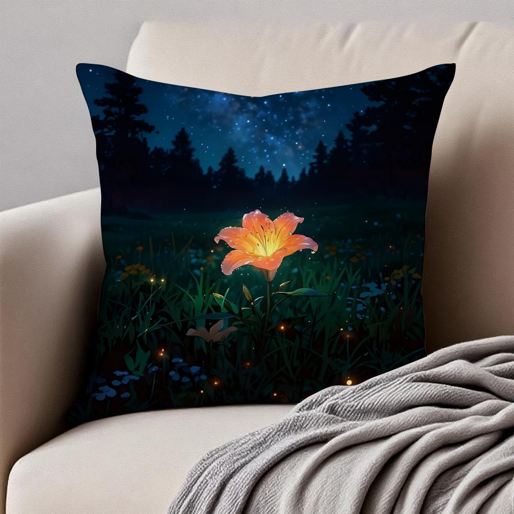 Nighttime dreamy lanterns and flowers Cushion Cover Pillowcase Antidustmite Invisible Zipper Short Plush Sofa Cushion