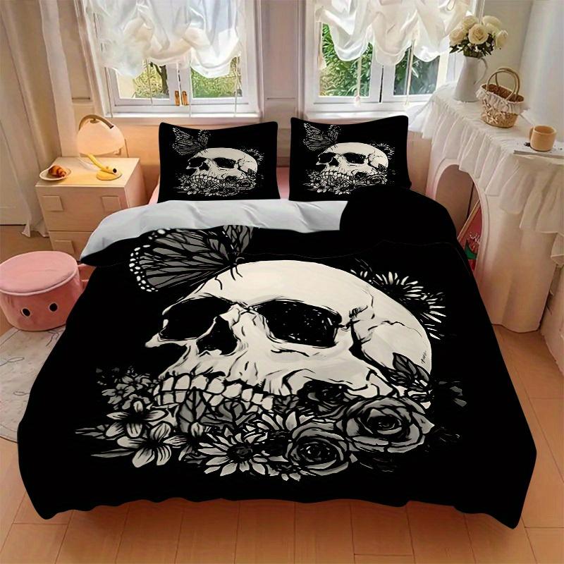3pcs Skull Flowers Bedding Cover Set, Fashion Classic Popular Print Bedding Set, Soft Comfortable, All - Season Use, For Bedroom, Guest Room106