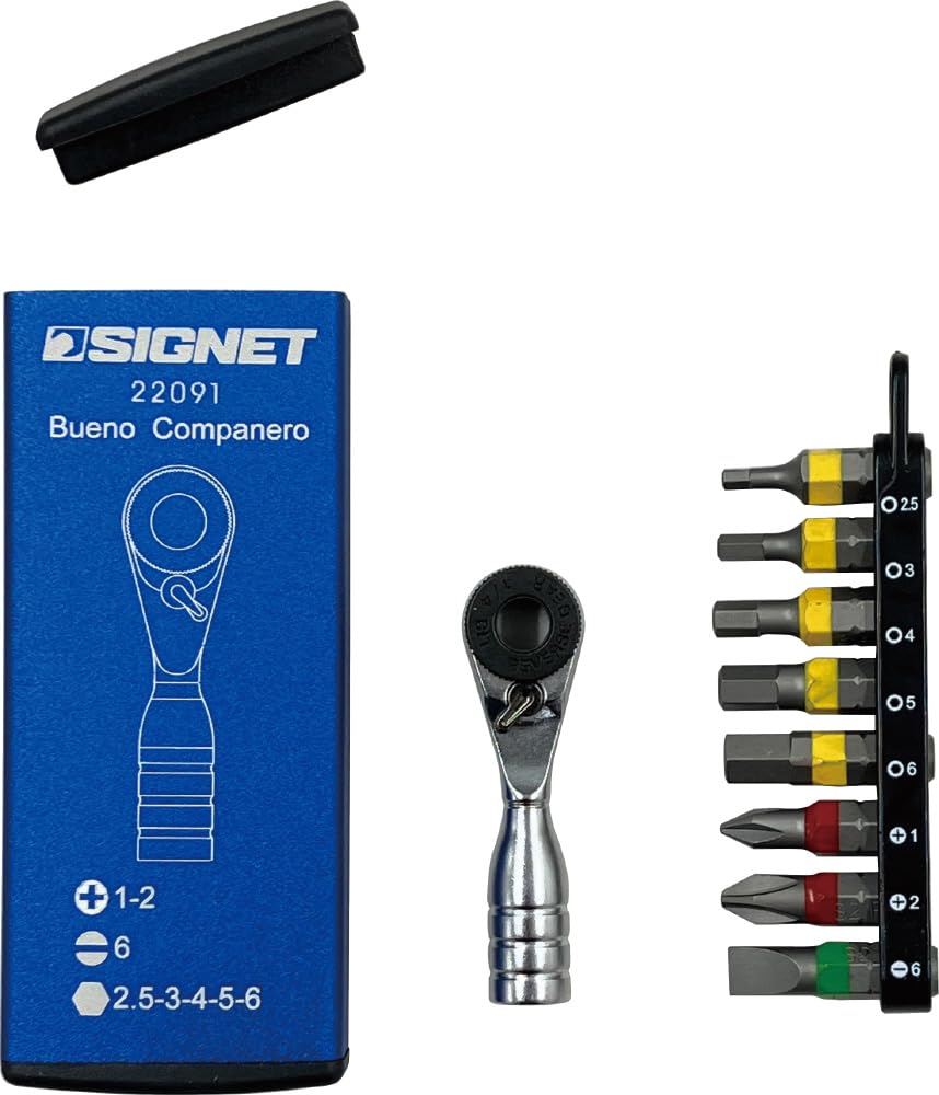 SIGNET Ultra Short Mini Ratchet 52 52mm Overall Includes 8 22091 Set, Gears, Length, Bits, Blue,