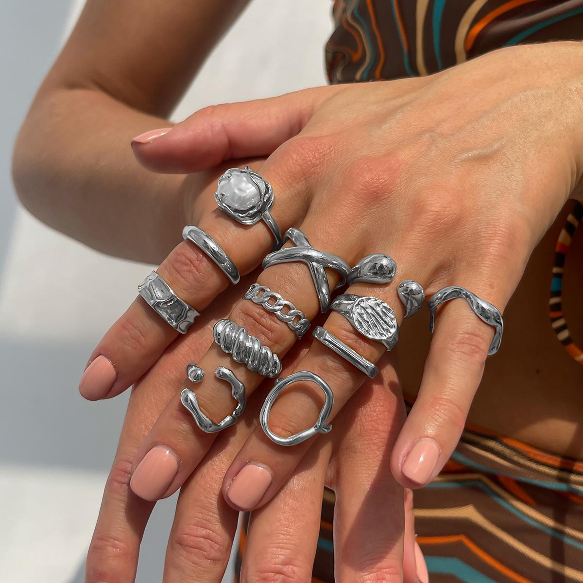 

Ingemark 12Pcs/Set Creative Water Drop Wave Open Rings Women Trend 2026 Vintage Geometric Adjustable Finger Ring Daily Jewelry