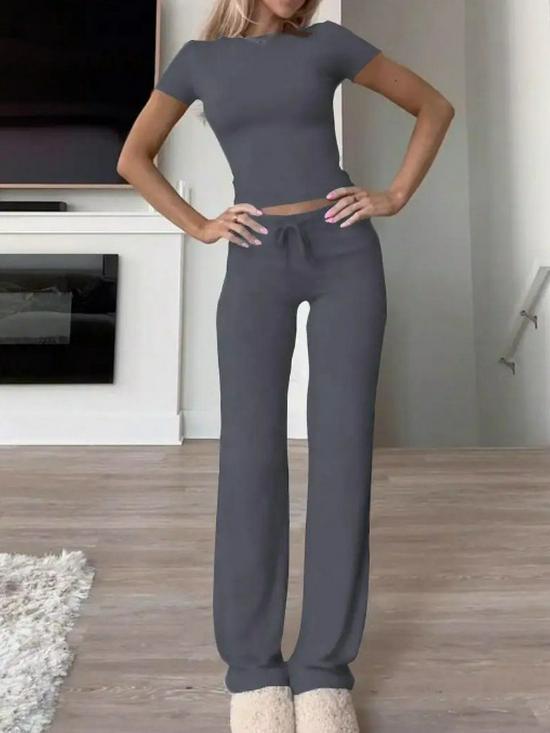 2025 Women's Spring Solid Color Casual Two-Piece Set: Short Sleeve & Long Pants