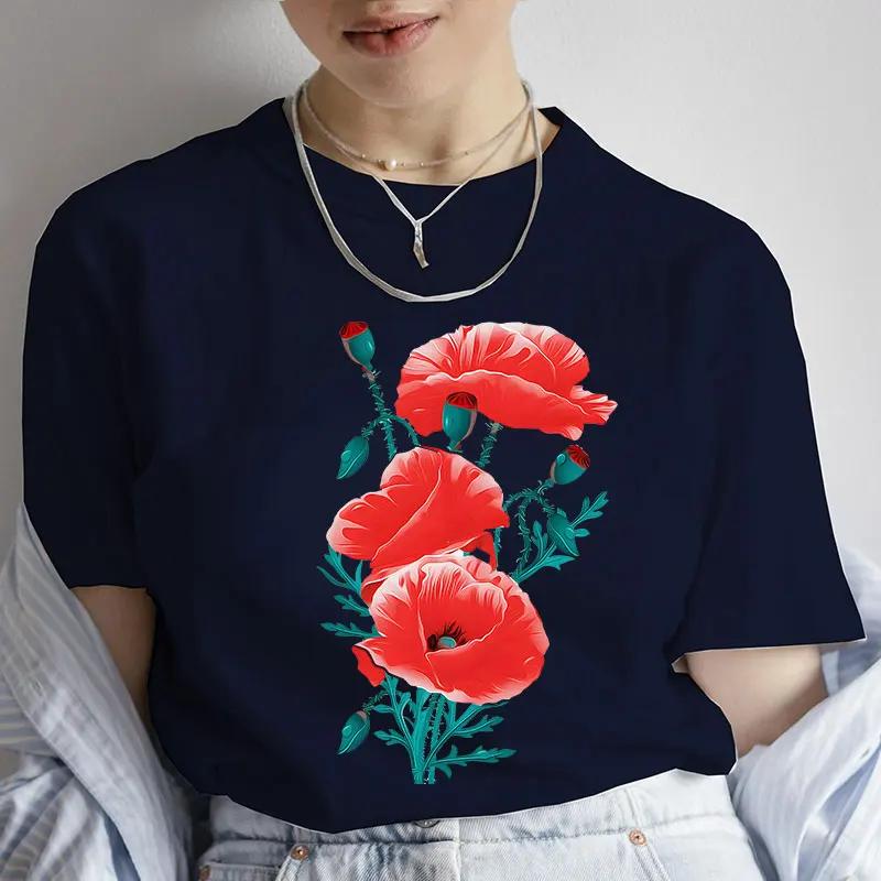Fashion Red Poppy Flower Unisex T Shirt Funny Tops Tee Female Short Sleeve Tshirt Harajuku Tee Shirts Female Tee Girls Tshirts