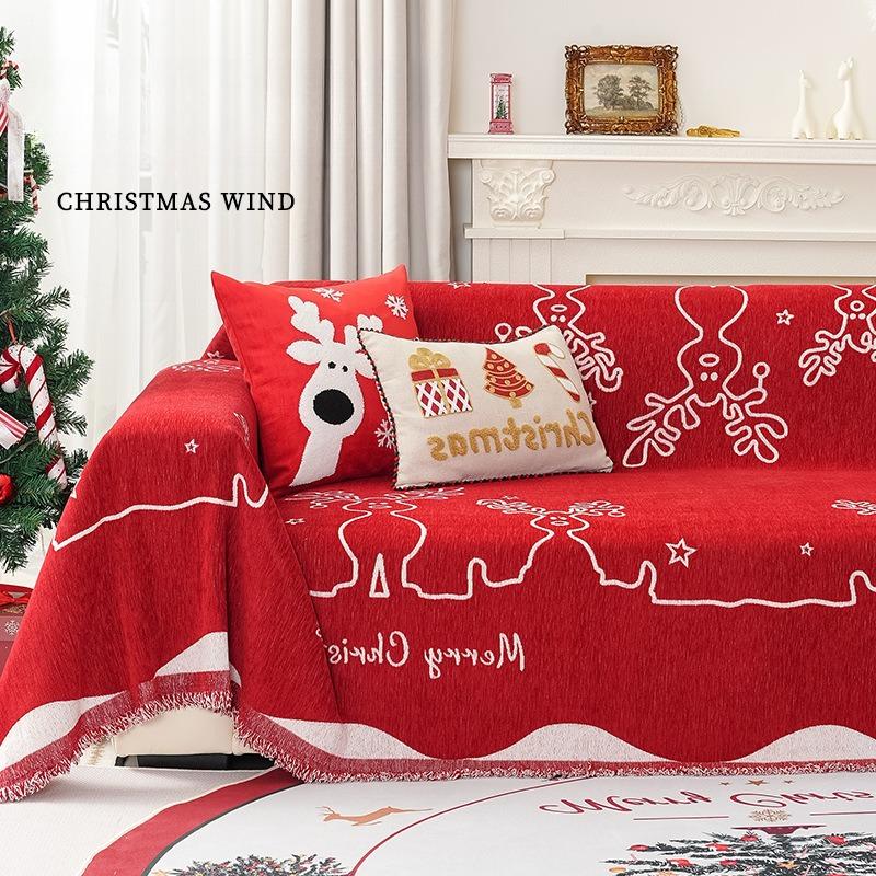 Christmas Sofa Cover Throw Blanket Red Snowflake Santa Chenille Sofa Towel Universal Furniture Protector with Tassels Xmas Home Decor for Living Room