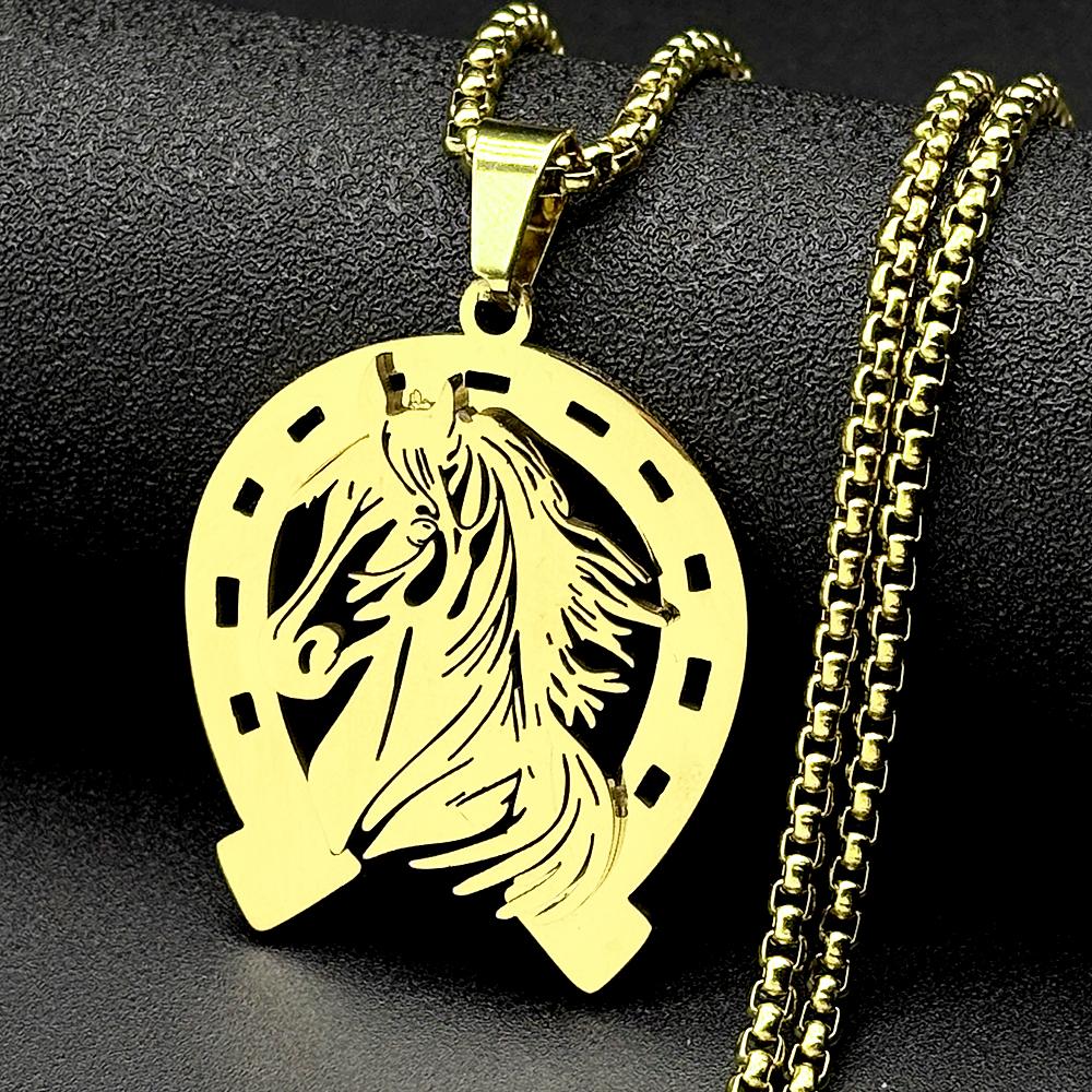 Hollow Horses Head Horseshoe Pendant Necklace for Men Women Stainless Steel Gold Silver Color Animal Chain Horse Lucky Jewelry