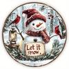 Vintage Snowman Cardinal Wall Plaque 8 Inch Round Aluminum Sign Let It Snow Winter Scene Lantern Holiday Christmas Decor