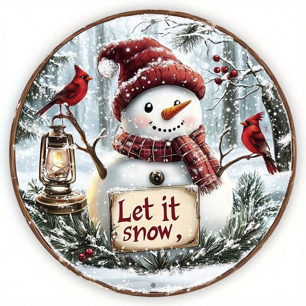 Vintage Snowman Cardinal Wall Plaque 8 Inch Round Aluminum Sign Let It Snow Winter Scene Lantern Holiday Christmas Decor