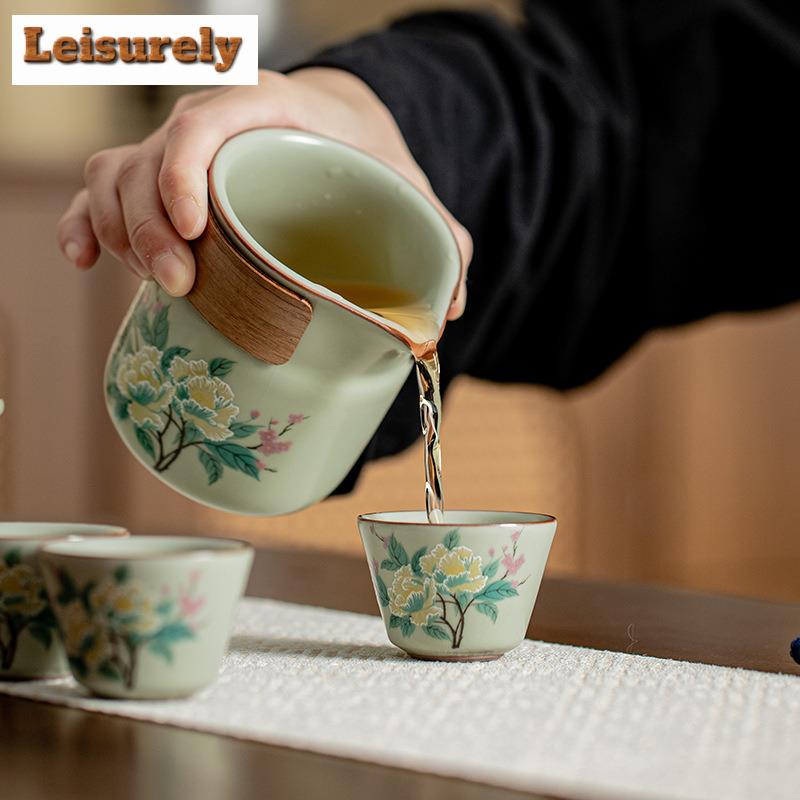 Pea Greem Ru Kiln Hibiscus Mutabilis Tea Set Kit Boutique 1 Pot 3 Cups Tea Maker Portable Travel Tea Set Camping Organizer Bags