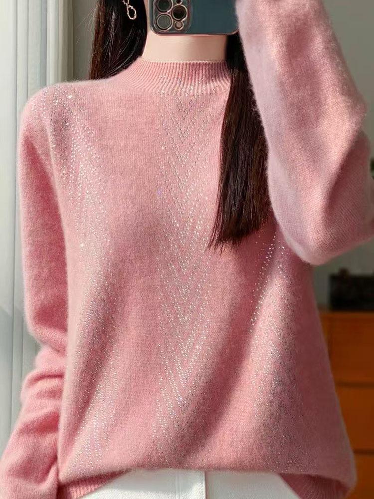 Women's Solid Color Wool Sweater: New Half-High Collar Knit Pullover with Hot Drill Detail for Autumn/Winter