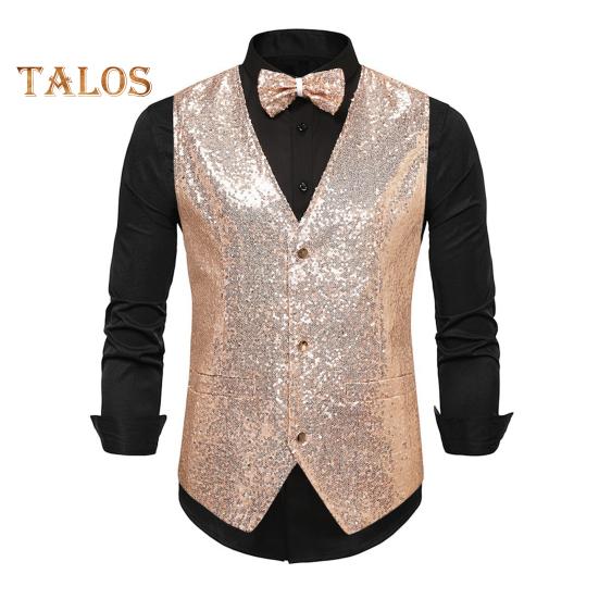 

Чоловічий костюм, жилет з V-подібним вирізом, без рукавів, однобортний жилет для сценічного шоу з кишенями, тонкий крой, блискучі блискітки, метелик, весільний жилет на випускний вечір S